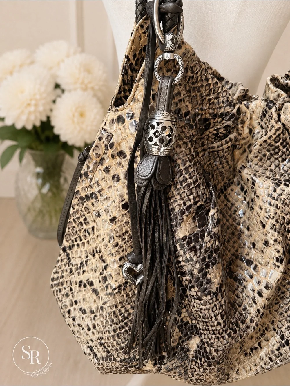 Brighton Nolita Snakeskin Print Leather Hobo Bag Python Tassel Large
